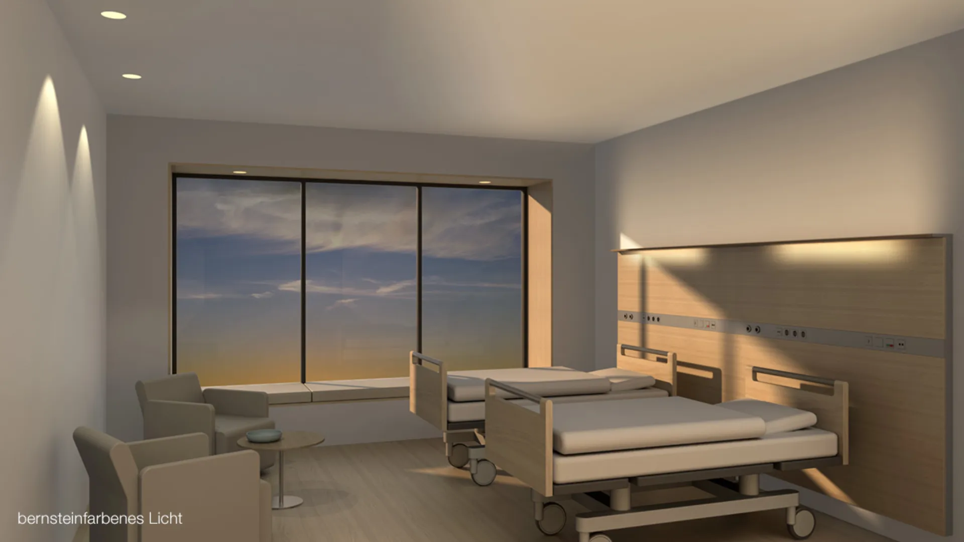 Ein Krankenhauszimmer ist getaucht in bernsteinfarbenes, angenehmes Licht