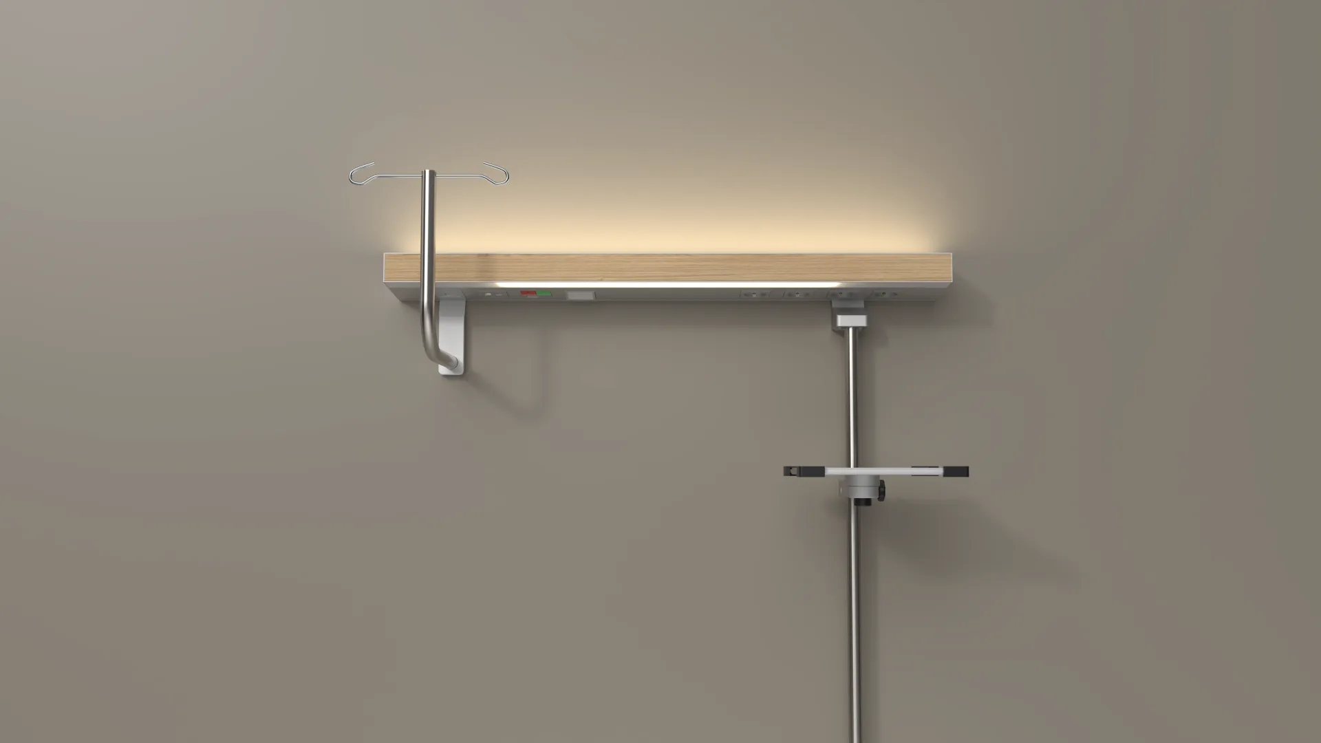 Wandmontiertes Holzregal mit Metallhalterungen und ausziehbarer Stange