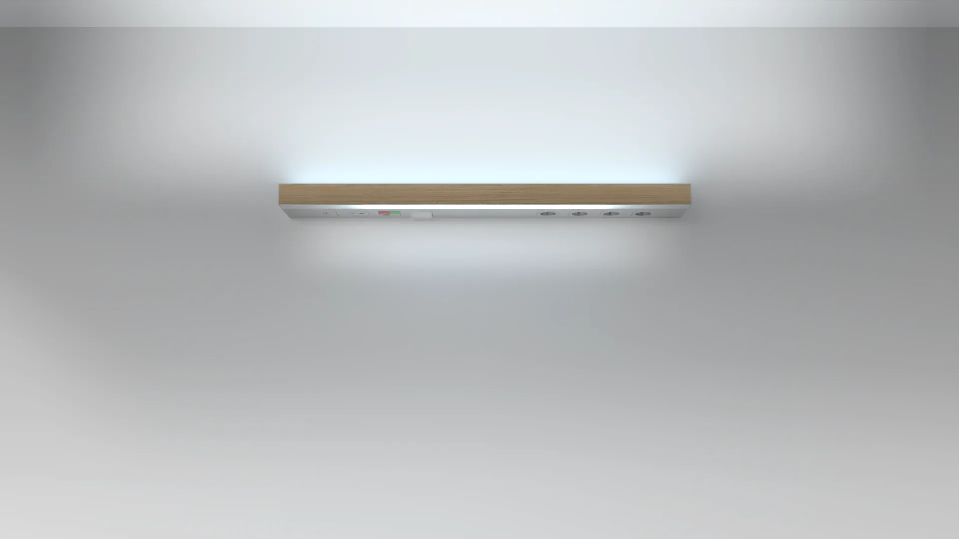 Schlichte weiße Wand mit einer schmalen, länglichen Leuchte in Holzoptik an der Decke