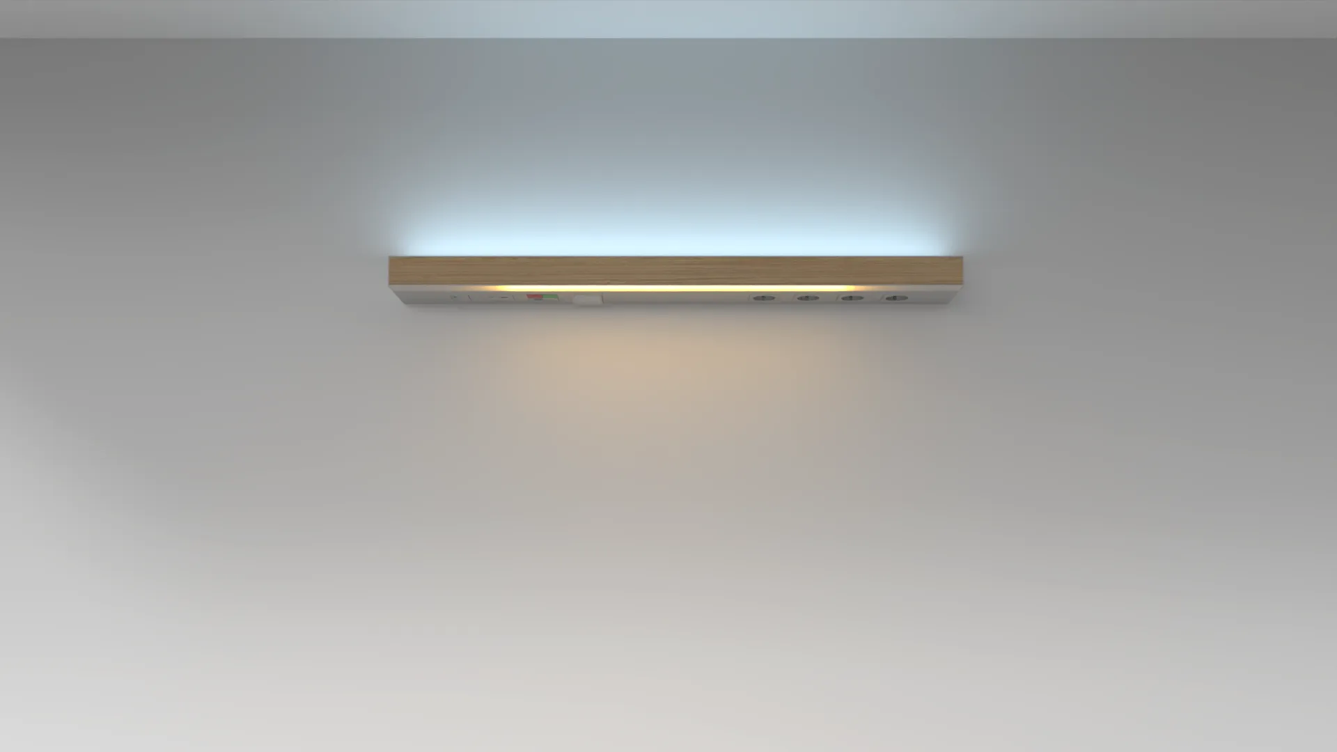 Längliche Wandlampe mit warmem Licht an einer hellen Wand